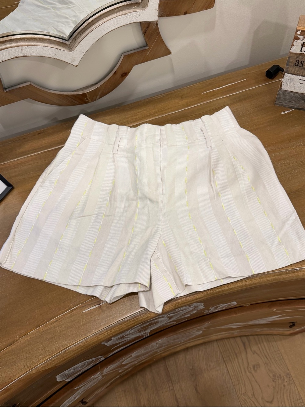 LOFT Cream High-Waist Shorts with Yellow Pinstripes